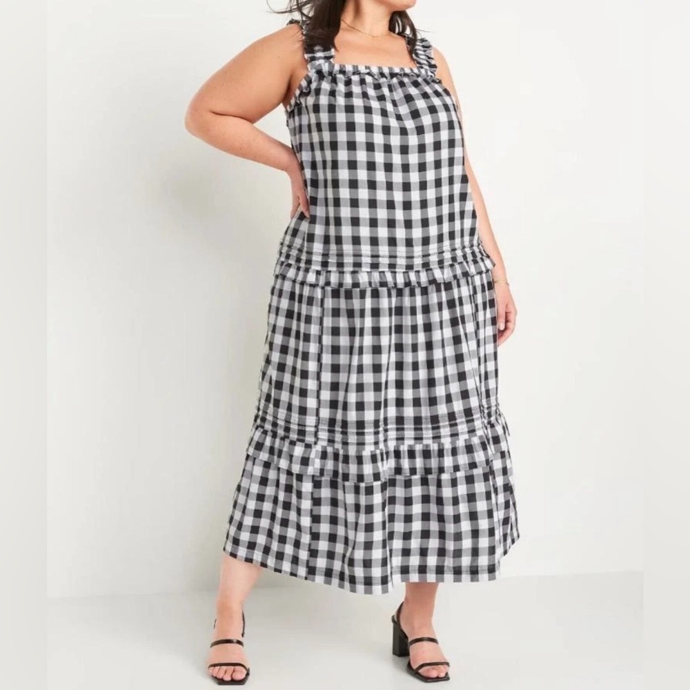 NWT Old Navy Buffalo Check Plaid Women 3X Tiered Tank Maxi Dress Romantic Picnic
